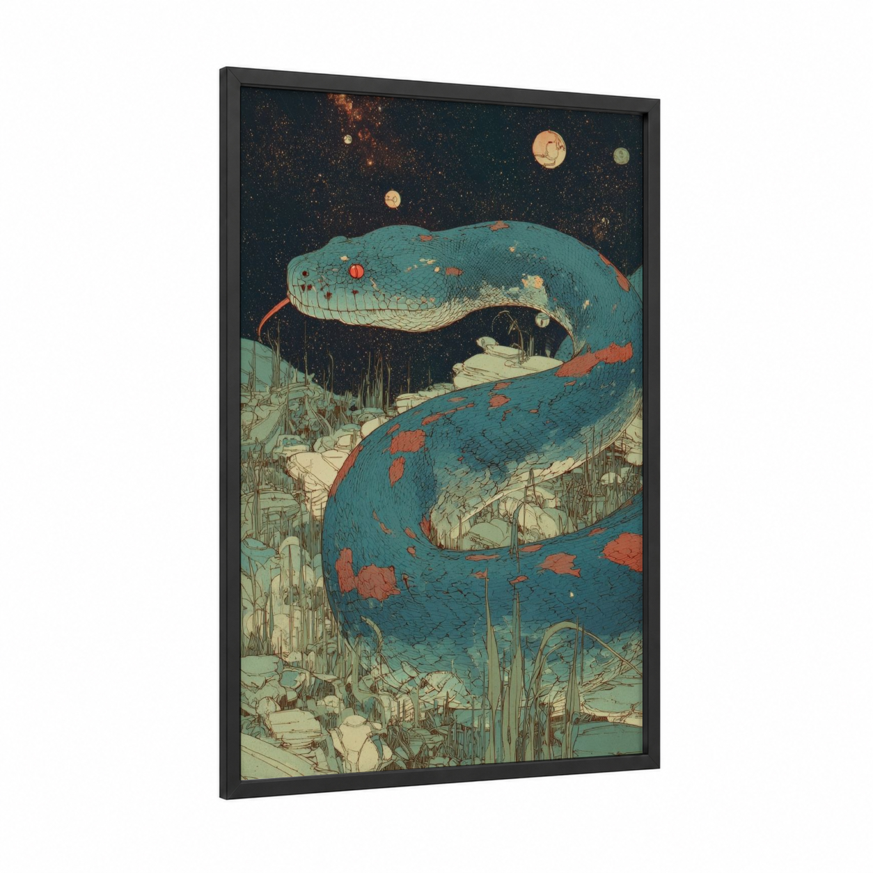 Cosmic Boa Constrictor framed art print — black wood frame — teal and gold palette