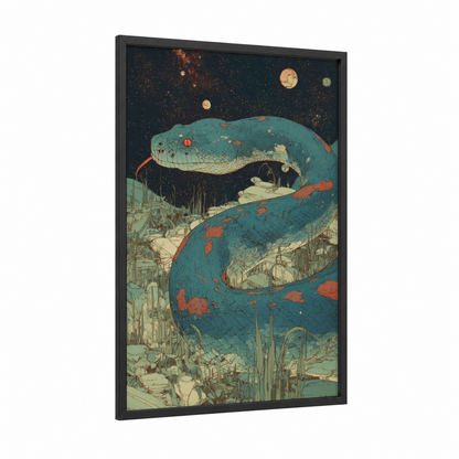 Cosmic Boa Constrictor framed art print — black wood frame — teal and gold palette