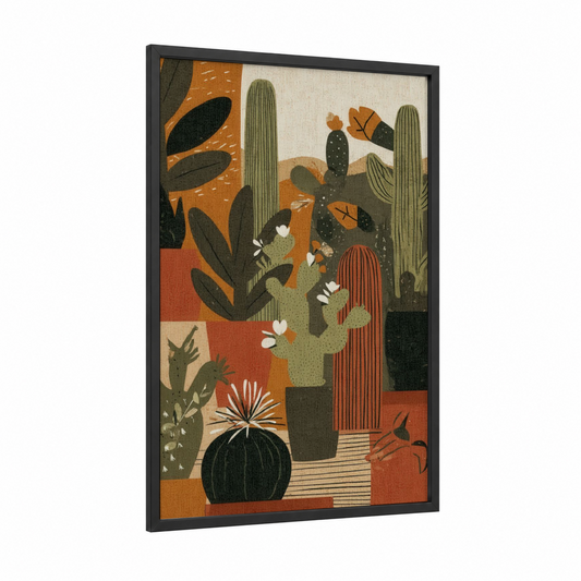 Desert Garden Cactus framed art print — black wood frame — orange and sage green palette