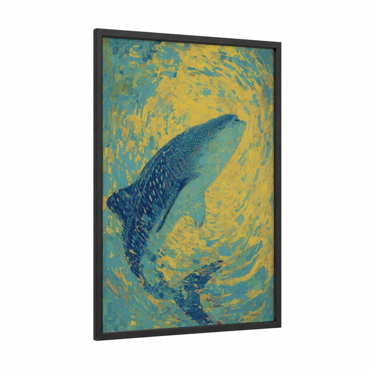 Golden Whale Shark framed art print — black wood frame — blue and gold and teal palette