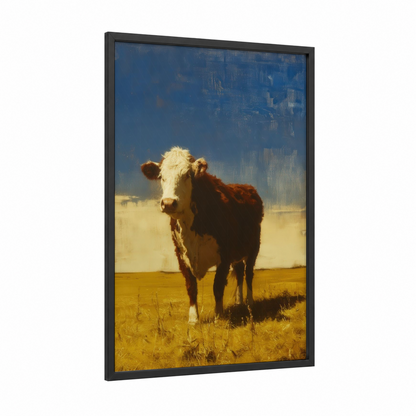 Golden Meadow Hereford framed hereford cow print — black wood frame — gold and blue palette