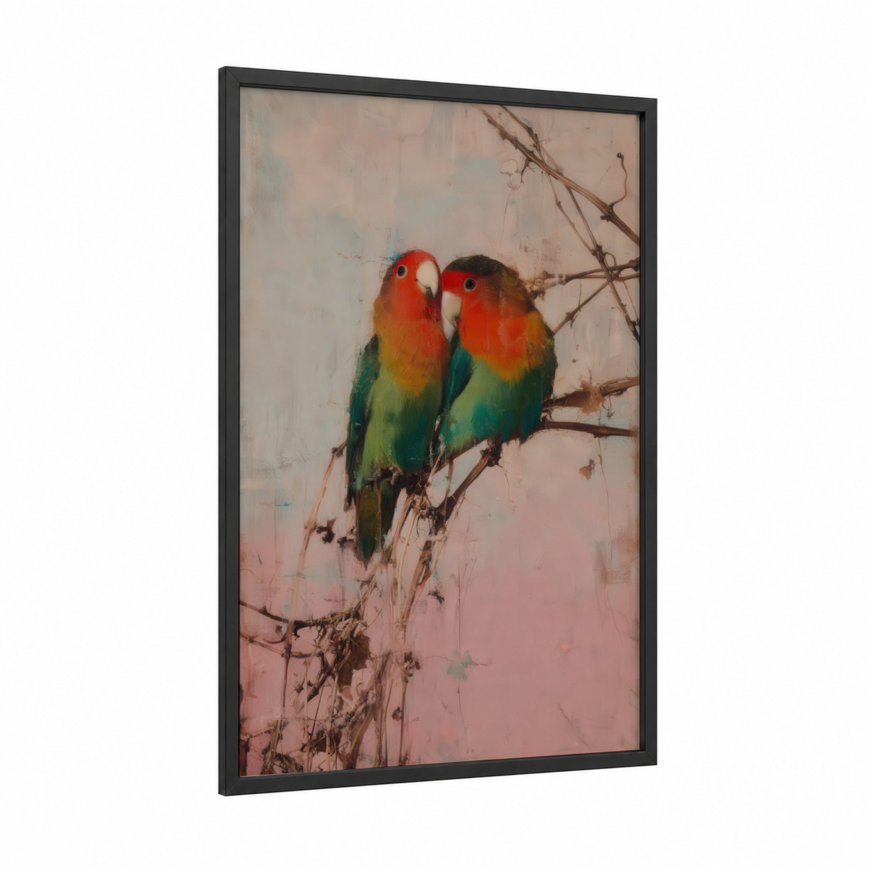 Crimson Lovebirds framed safari parrots print — black wood frame — red and green palette