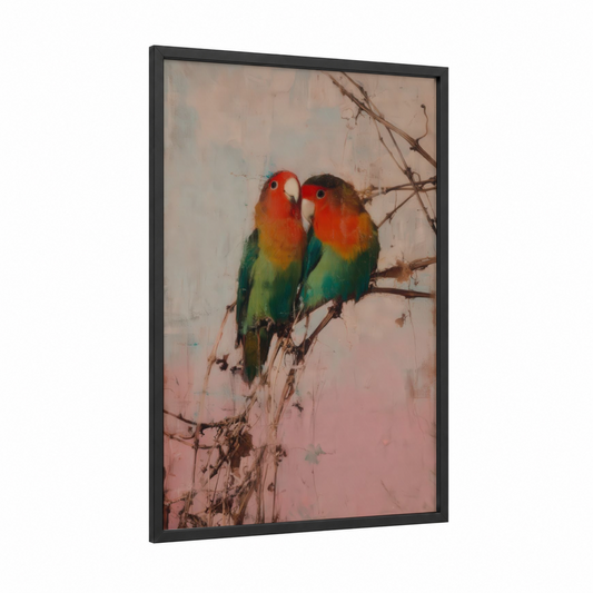 Crimson Lovebirds framed safari parrots print — black wood frame — red and green palette