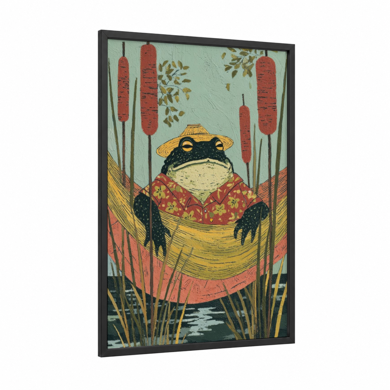 Farmer Frog framed frogs and toads print — black wood frame — gold and russet palette