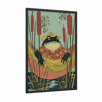 Farmer Frog framed frogs and toads print — black wood frame — gold and russet palette