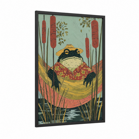 Farmer Frog framed frogs and toads print — black wood frame — gold and russet palette