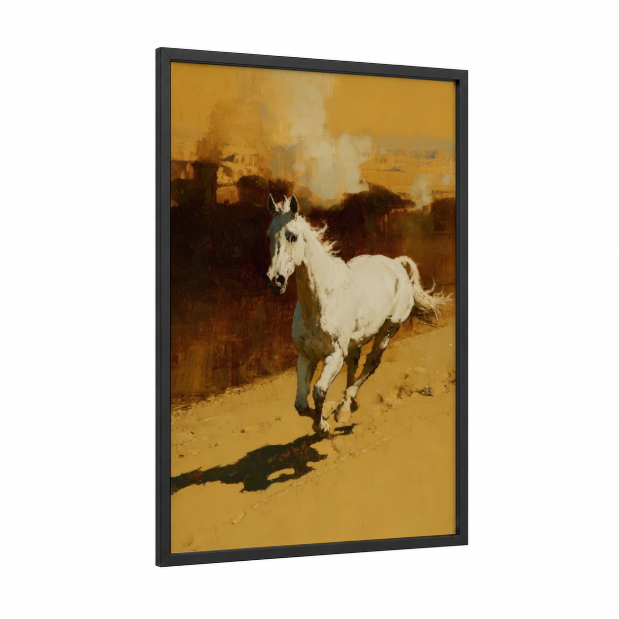 Desert Stallion framed arabian horse print — black wood frame — gold and brown palette