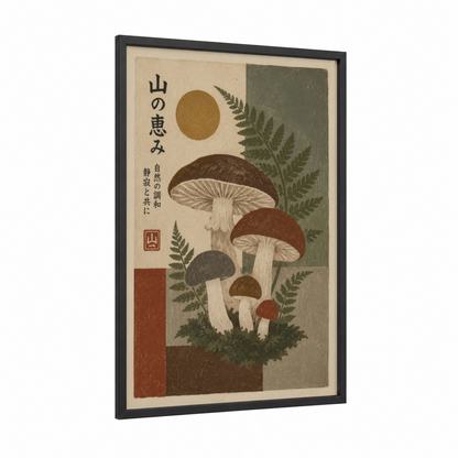 Japanese Mushroom Botanical Wall Art framed plant print — black wood frame — beige and olive palette