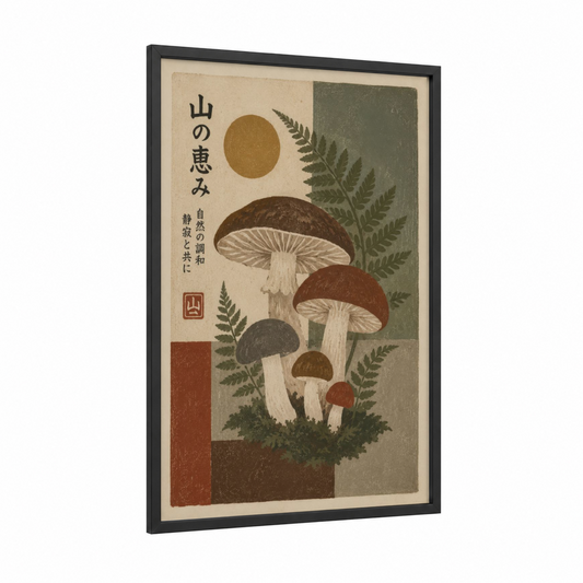 Japanese Mushroom Botanical Wall Art framed plant print — black wood frame — beige and olive palette
