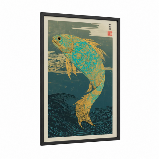 Golden Dragon Fish framed art print — black wood frame — gold and teal palette
