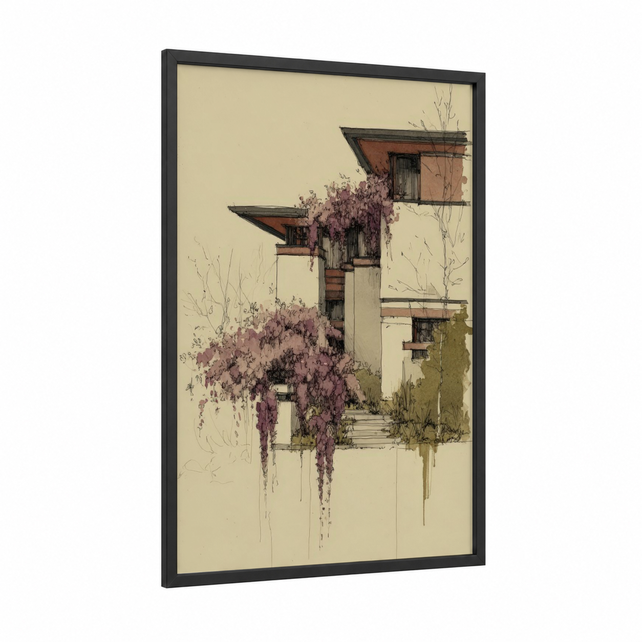 Cascading Wisteria framed art print — black wood frame — cream and rose gold palette
