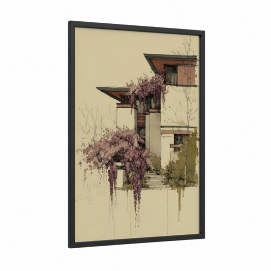 Cascading Wisteria framed art print — black wood frame — cream and rose gold palette