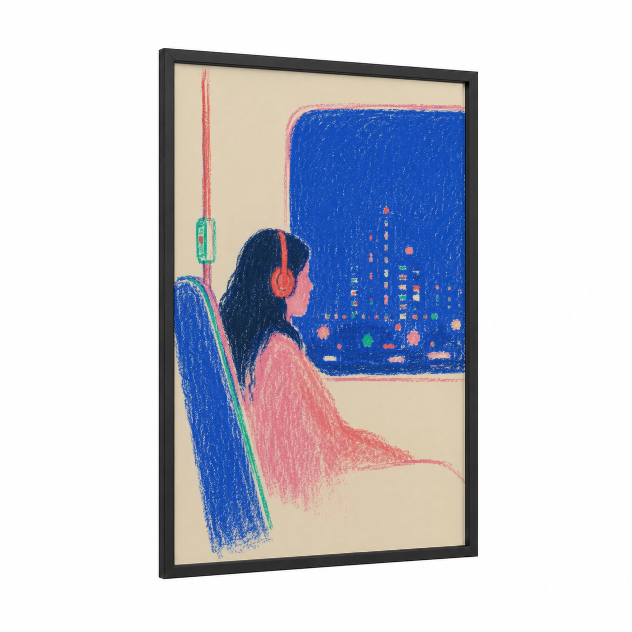 Night City Window View Wall Art framed night sky print — black wood frame — blue and peach palette