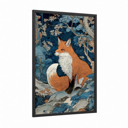 Woodland Fox Portrait framed art print — black wood frame — blue and orange palette