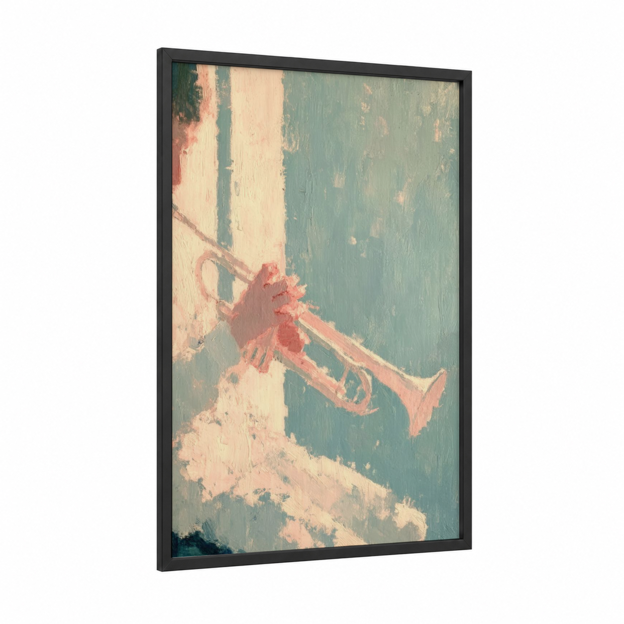 Vintage Trumpet framed art print — black wood frame — teal and peach palette