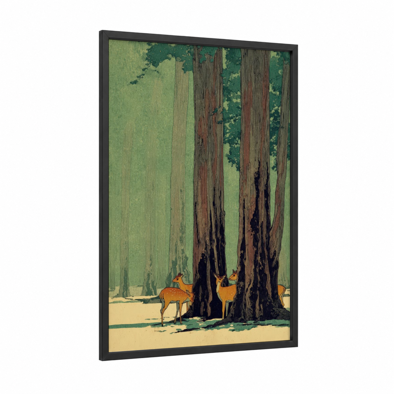 Forest Giants framed banyan tree print — black wood frame — true green and brown palette