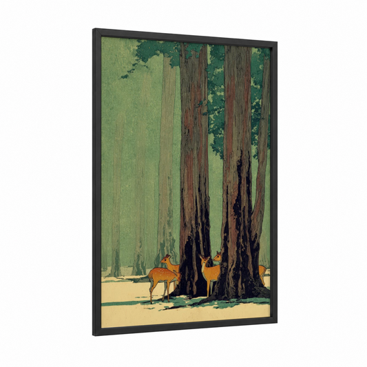 Forest Giants framed banyan tree print — black wood frame — true green and brown palette
