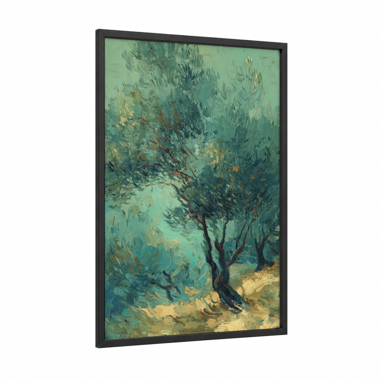 Mediterranean Olive Grove framed olive tree print — black wood frame — teal and yellow gold palette