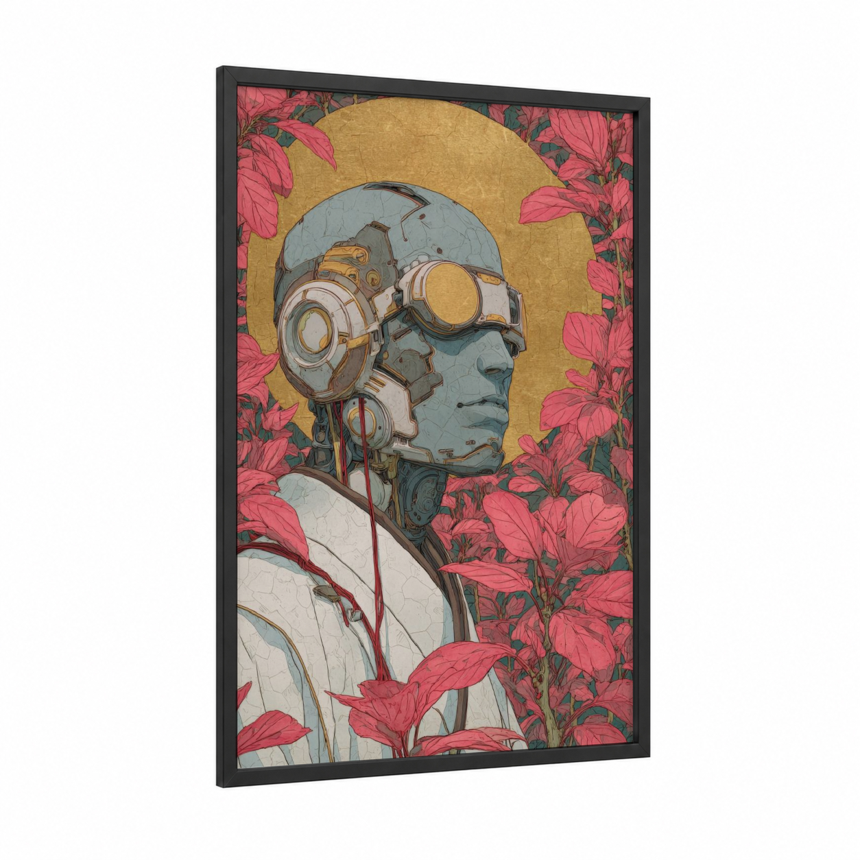 Cybernetic Botanist framed japanese retrofuturism print — black wood frame — gold and magenta palette