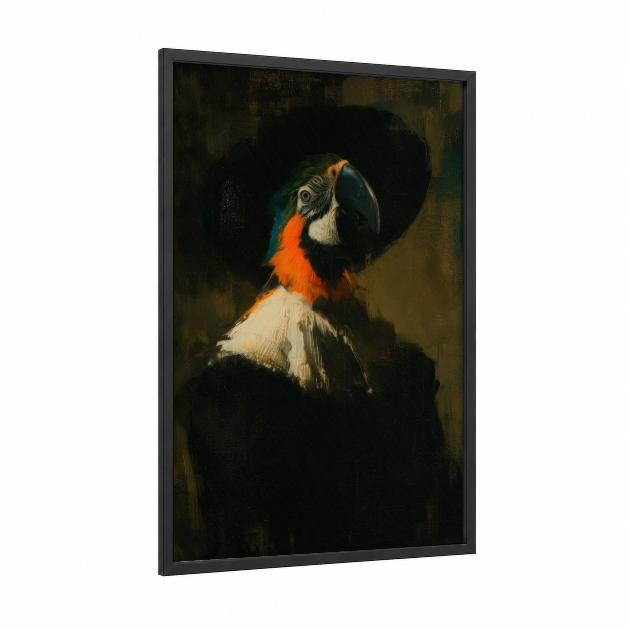 Crimson Macaw Portrait framed art print — black wood frame — black and gold palette
