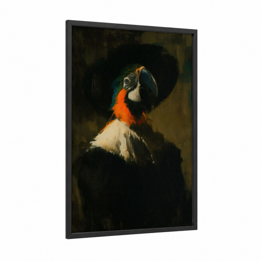 Crimson Macaw Portrait framed art print — black wood frame — black and gold palette