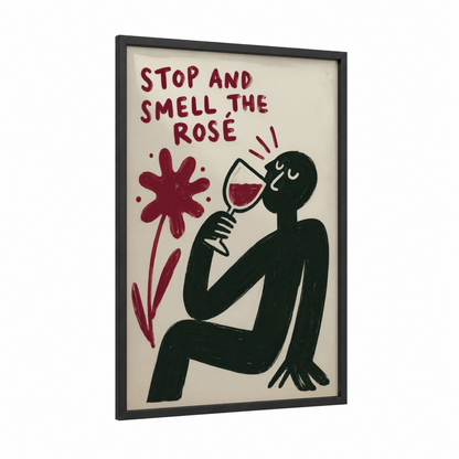 Stop and Smell the Rose Wine Wall Art framed roses print — black wood frame — black and white and maroon palette