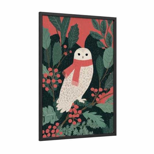 Cozy Snowy Owl framed christmas print — black wood frame — red and dark green palette