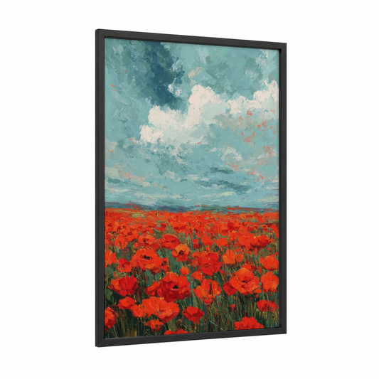 Crimson Poppy Field framed veterans day print — black wood frame — red and teal palette