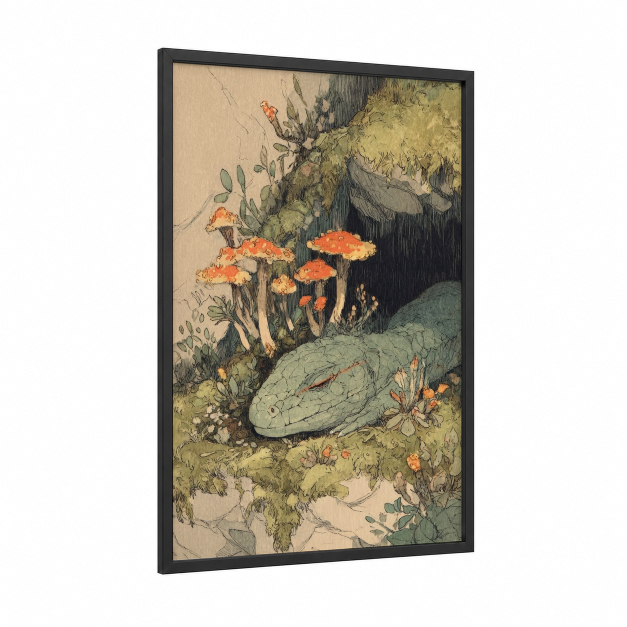 Forest Basilisk framed art print — black wood frame — sage green and orange palette