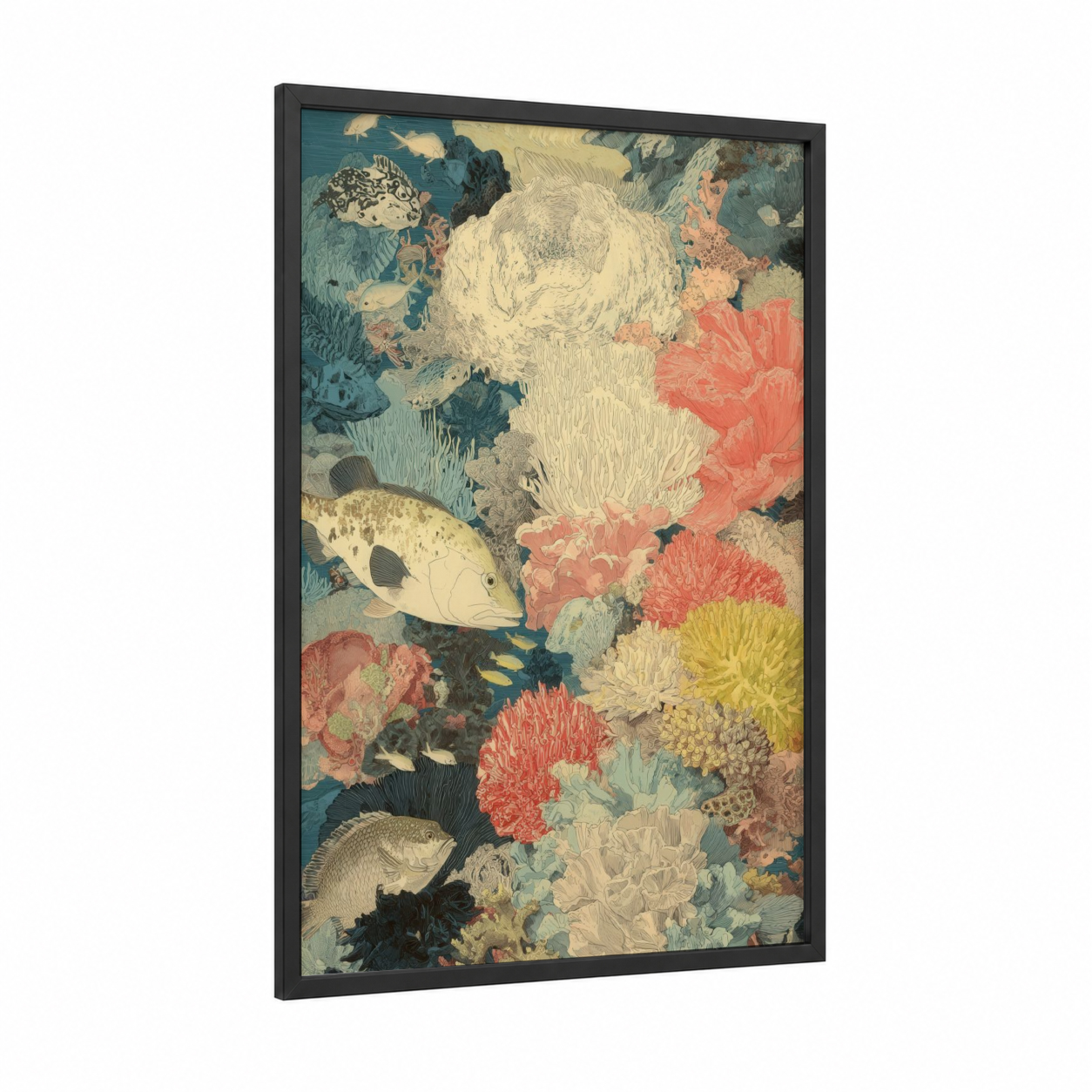 Coral Garden Reef framed art print — black wood frame — teal and salmon pink palette