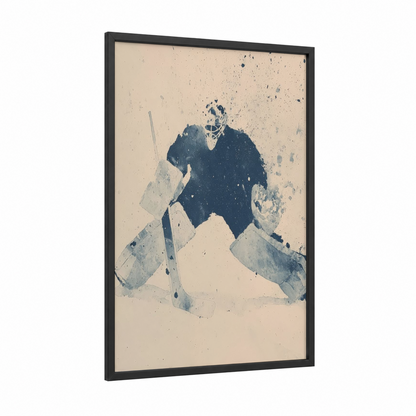 Goalie Watercolor framed ice hockey print — black wood frame — dark blue and cream palette