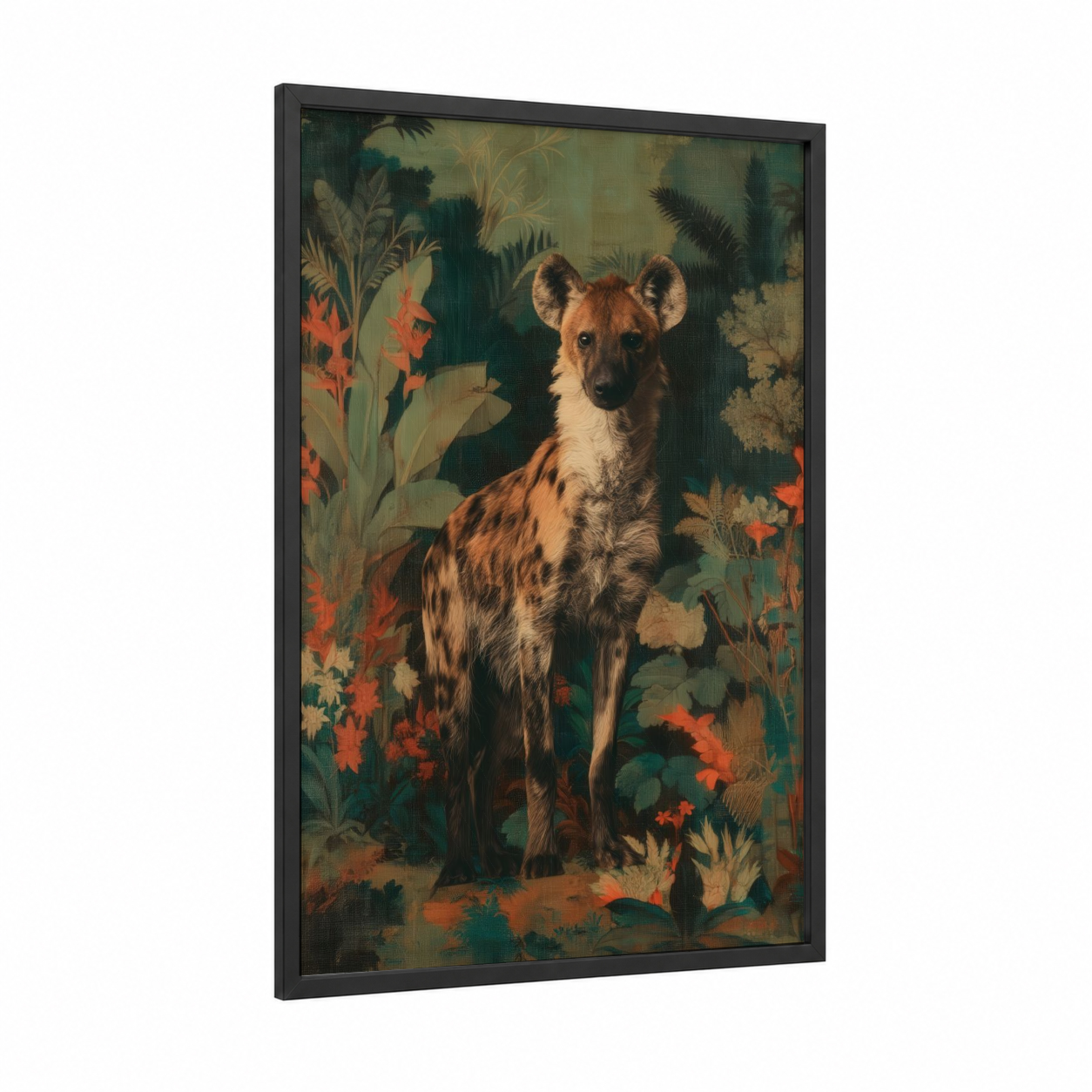 Botanical Hyena framed art print — black wood frame — dark green and orange palette
