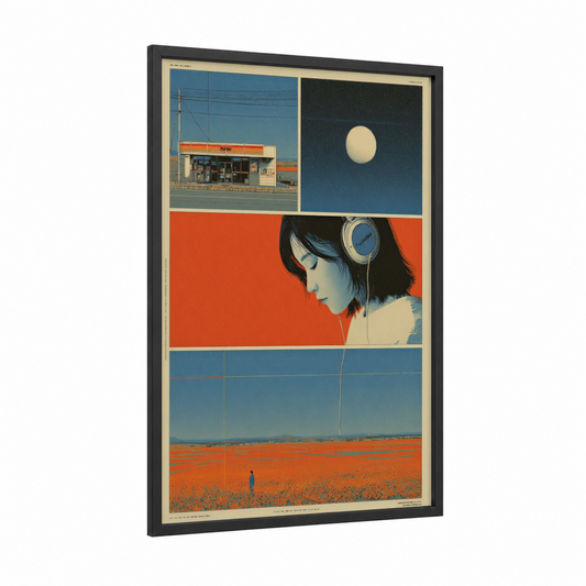 Solitude Dreamer framed japanese y2k print — black wood frame — orange and blue palette