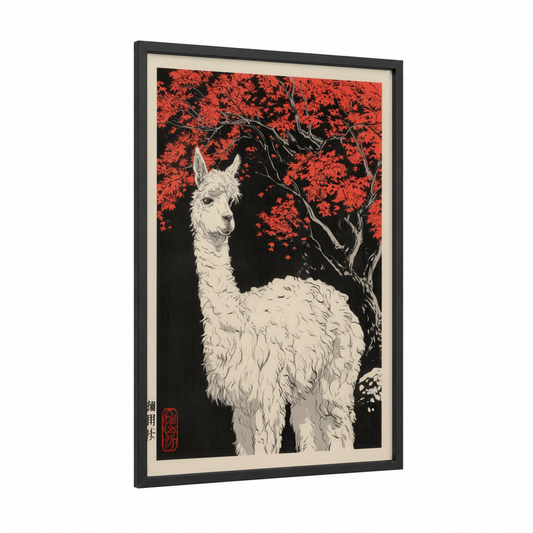 Crimson Alpaca framed art print — black wood frame — red and black and white palette