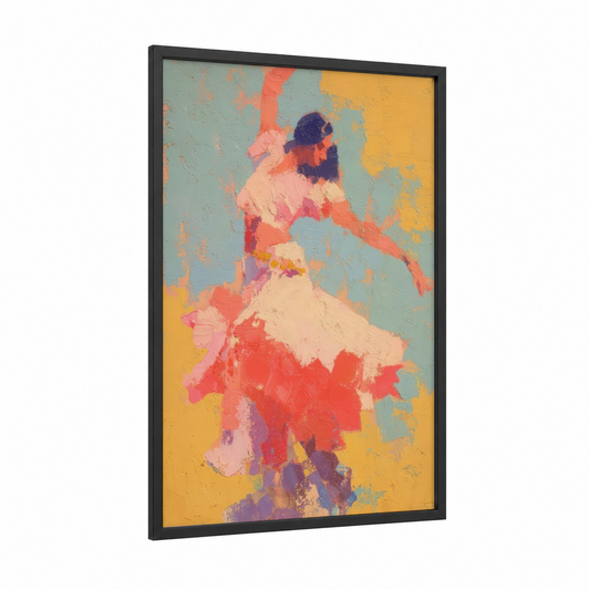 Vibrant Belly Dancer framed art print — black wood frame — gold and salmon pink palette