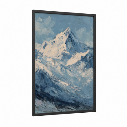 Alpine Majesty Peak framed mount everest print — black wood frame — blue and white and gold palette
