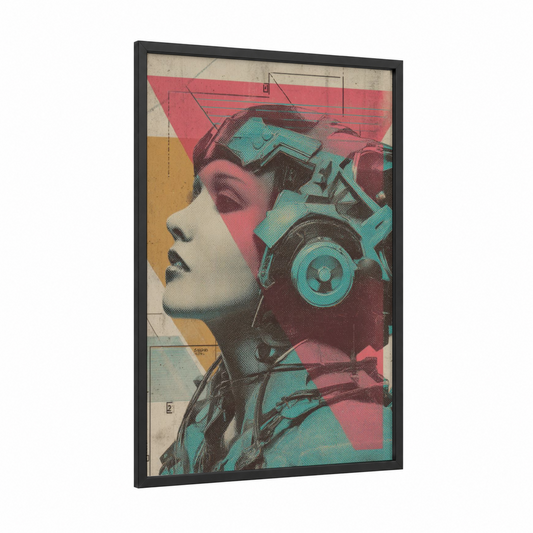Retro Aviator framed japanese retrofuturism print — black wood frame — rose gold and turquoise palette