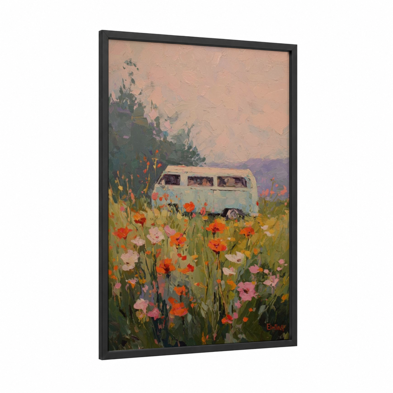 Flower Field Van framed art print — black wood frame — peach and orange palette