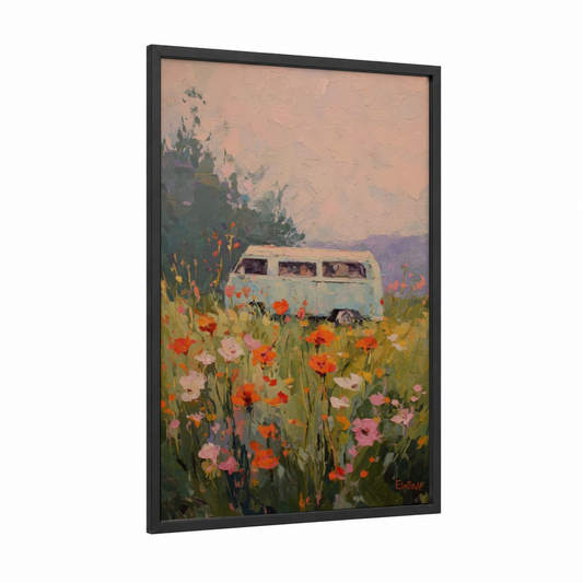 Flower Field Van framed art print — black wood frame — peach and orange palette