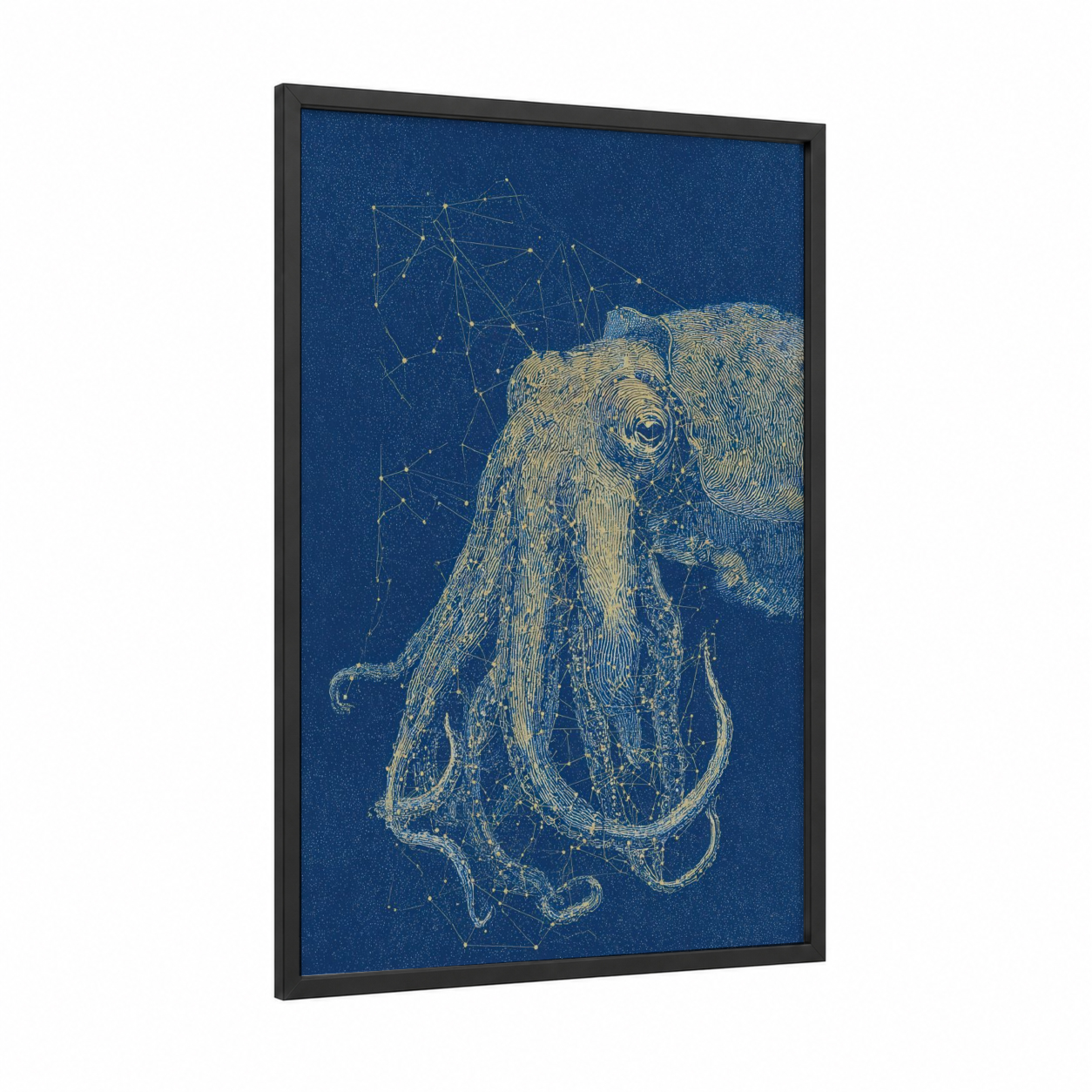 Constellation Squid framed art print — black wood frame — dark blue and gold palette