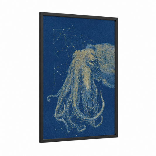 Constellation Squid framed art print — black wood frame — dark blue and gold palette
