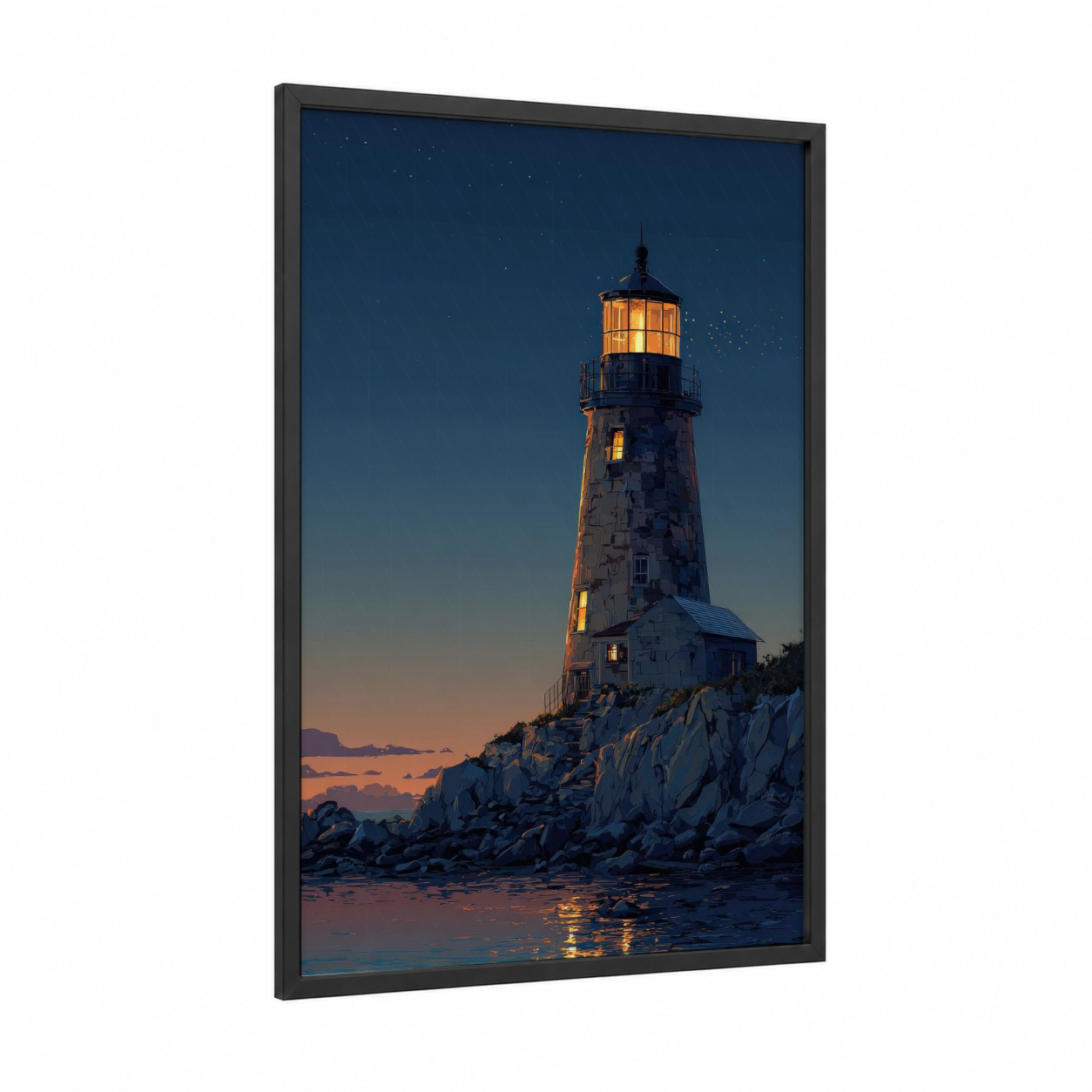Coastal Lighthouse Beacon framed art print — black wood frame — dark blue and gold palette