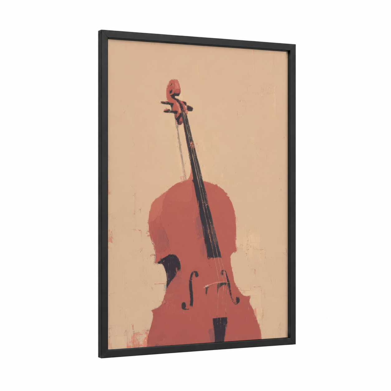 Crimson Cello framed art print — black wood frame — peach and black palette