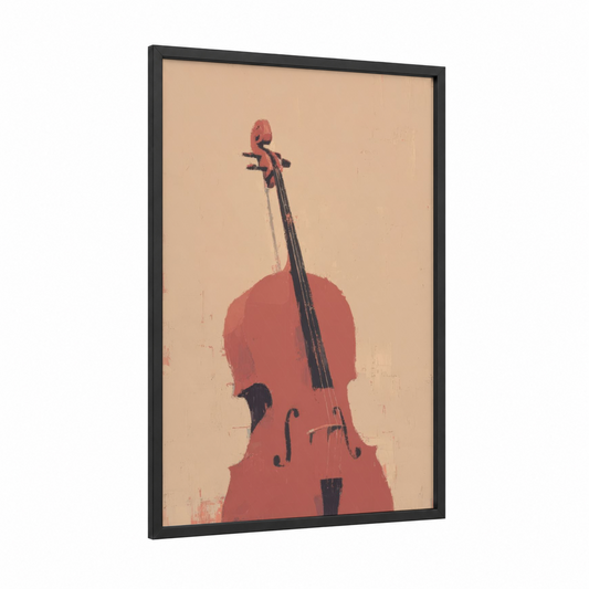 Crimson Cello framed art print — black wood frame — peach and black palette