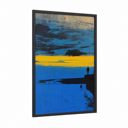 Solitary Horizon framed abstract classic print — black wood frame — blue and yellow gold palette