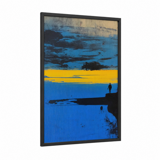 Solitary Horizon framed abstract classic print — black wood frame — blue and yellow gold palette