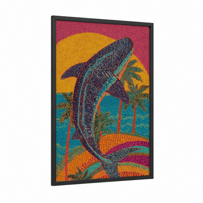 Tropical Whale Shark framed art print — black wood frame — gold and teal palette