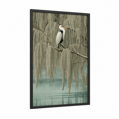 Willow Heron framed art print — black wood frame — sage green and gray and white palette