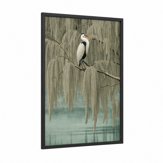 Willow Heron framed art print — black wood frame — sage green and gray and white palette