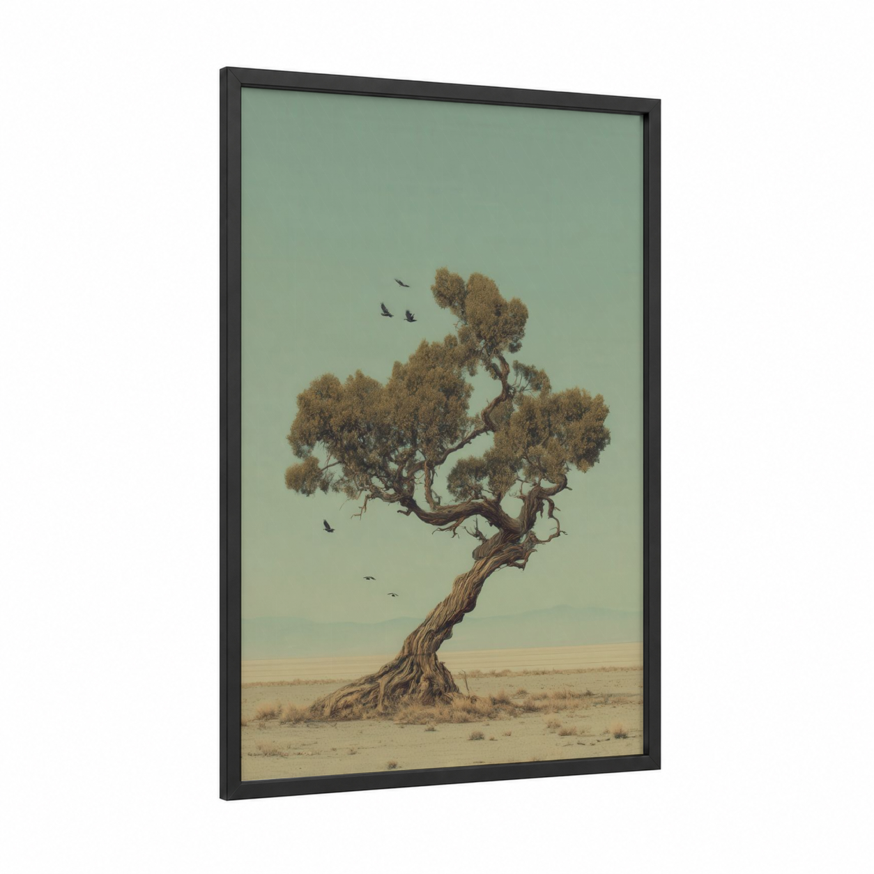 Desert Juniper framed juniper tree print — black wood frame — sage green and beige palette